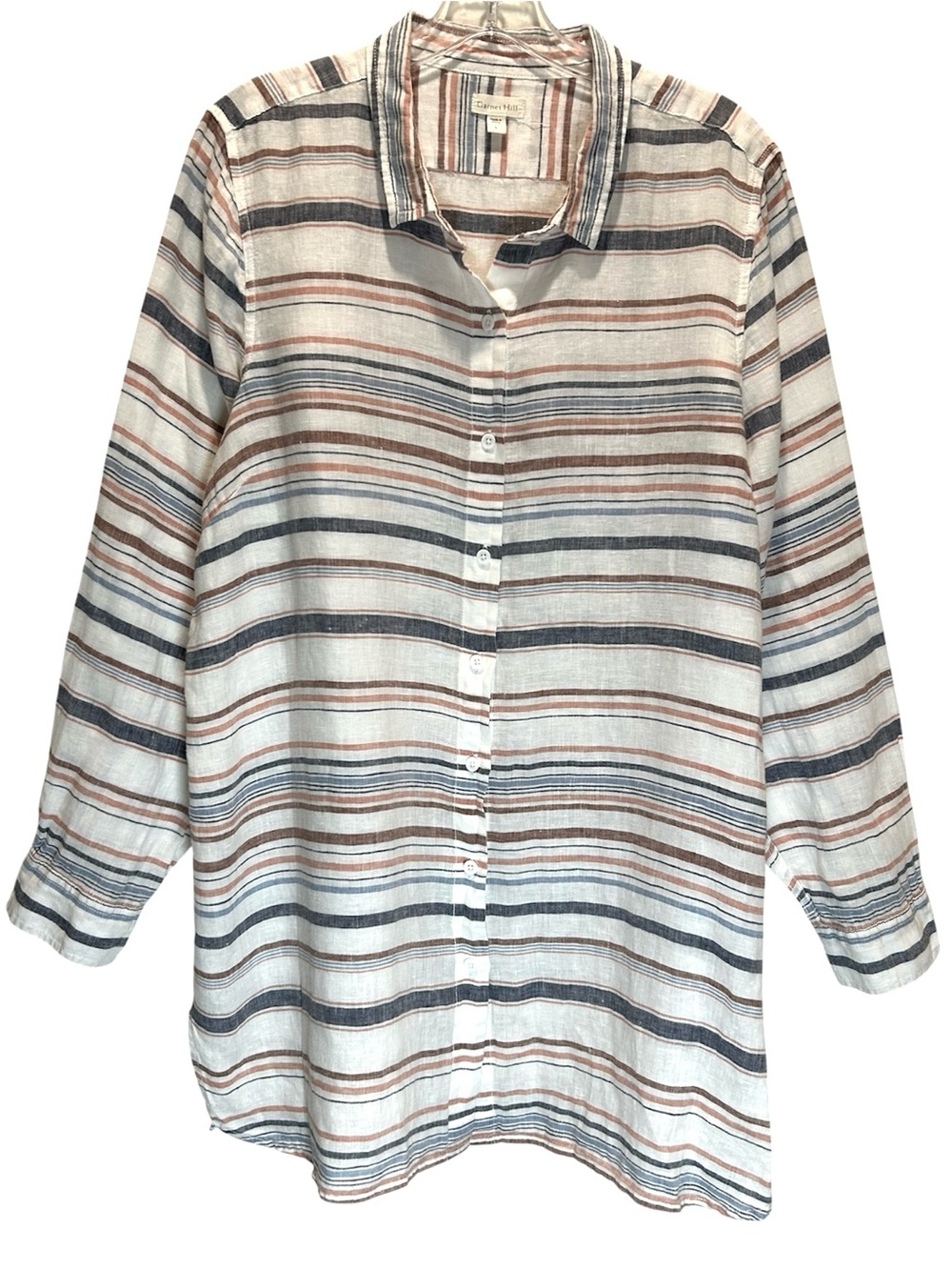 Garnet Hill Striped Linen Long-Line Full Button-up Relaxed Fit Shirt - Large